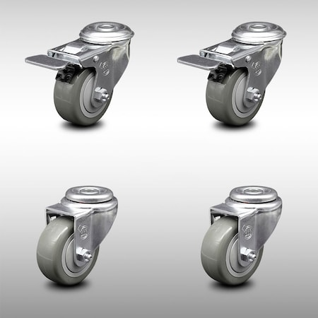 Service Caster 3.5 Inch SS Gray Polyurethane Bolt Hole Caster Set with 2 Total Lock Brake SCC SCC-SSBHTTL20S3514-PPUB-2-S-2